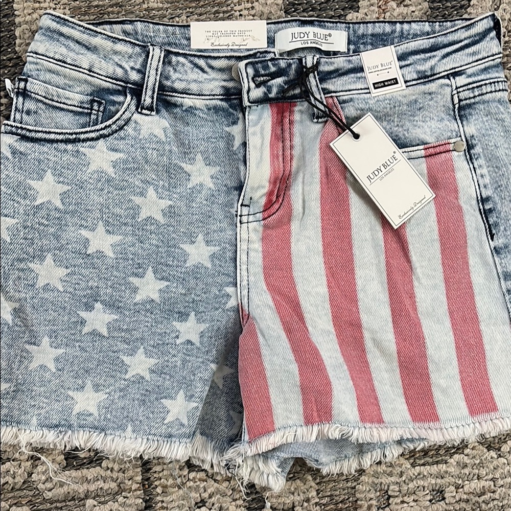 Judy Blue Red and Blue Jean Shorts Distressed American Flag Design